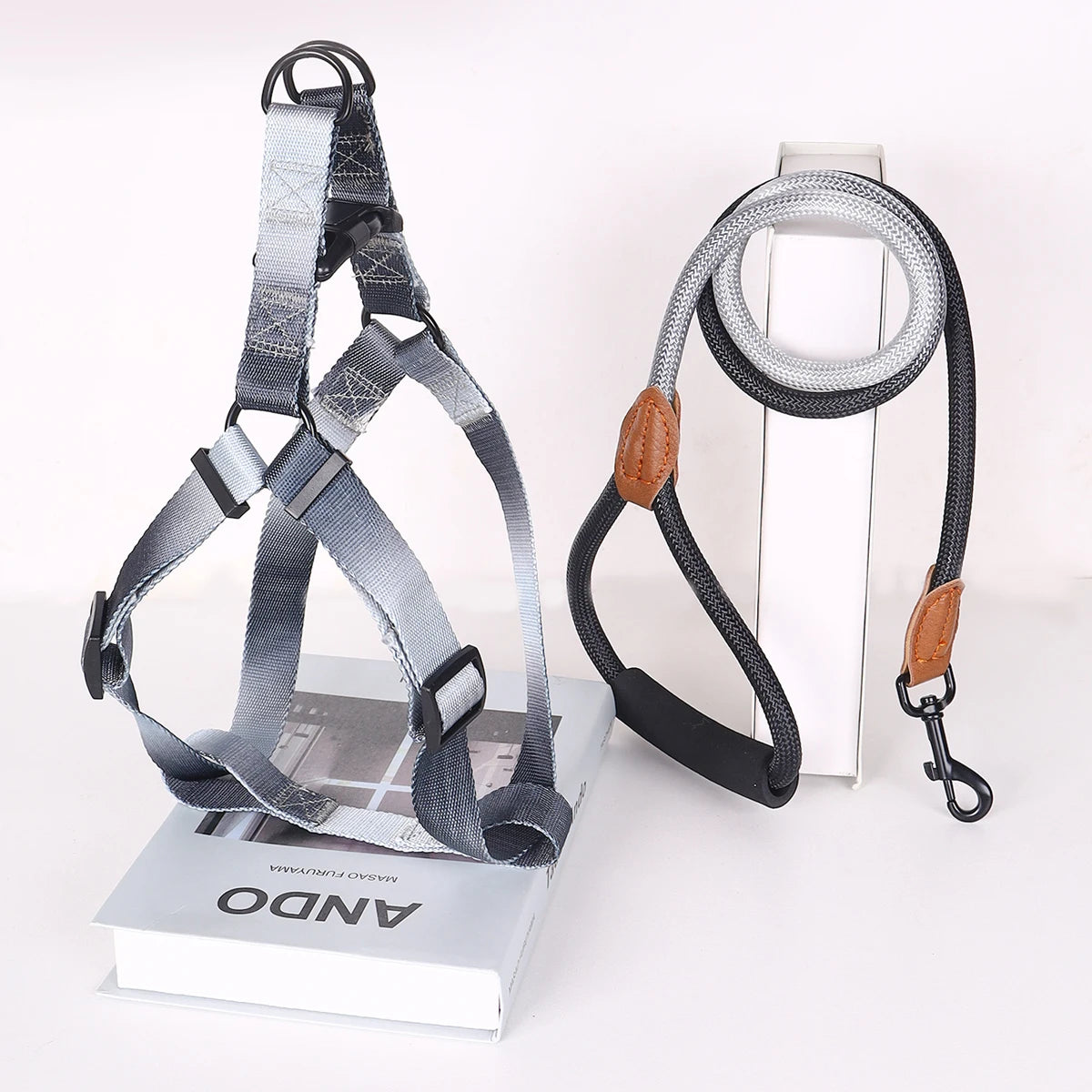 A set of colorful pet harness with leash and dog leash for indoor and outdoor use