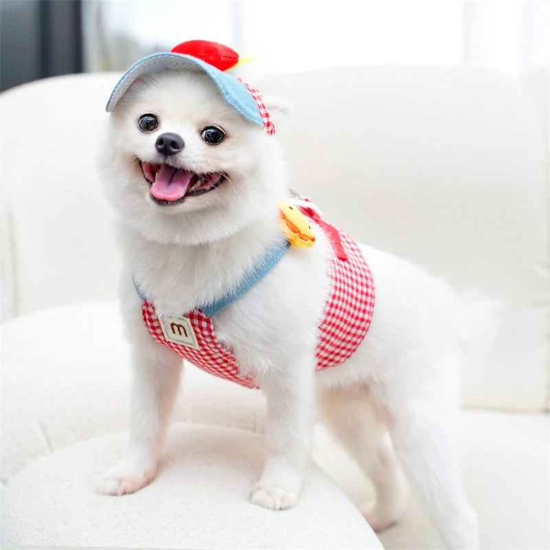 Cartoon 3pcs York Dogs Harness Leash Set All Season Unisex Cute Outdoor Pet Accessories Sunscreen Cap Small Puppy Vest Traction