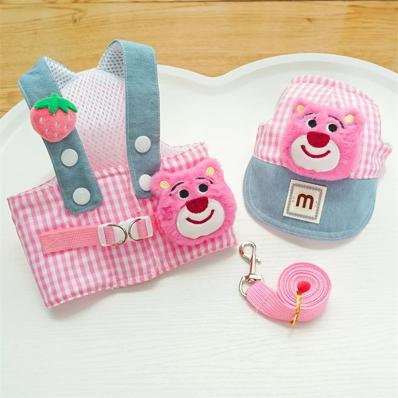 Cartoon 3pcs York Dogs Harness Leash Set All Season Unisex Cute Outdoor Pet Accessories Sunscreen Cap Small Puppy Vest Traction